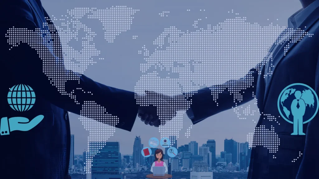 A handshake between global business leaders from different countries, symbolizing global partnerships and business success.