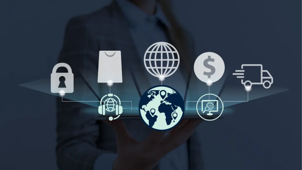 A world map with interconnected business icons, representing global business services, international trade and market expertise.