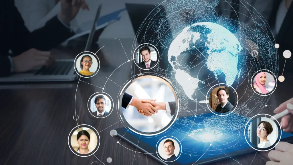 A diverse multicultural team from around the world working together with flags from various countries, symbolizing Ideal Extra Solutions' global reach and commitment to serving clients across different regions and cultures.