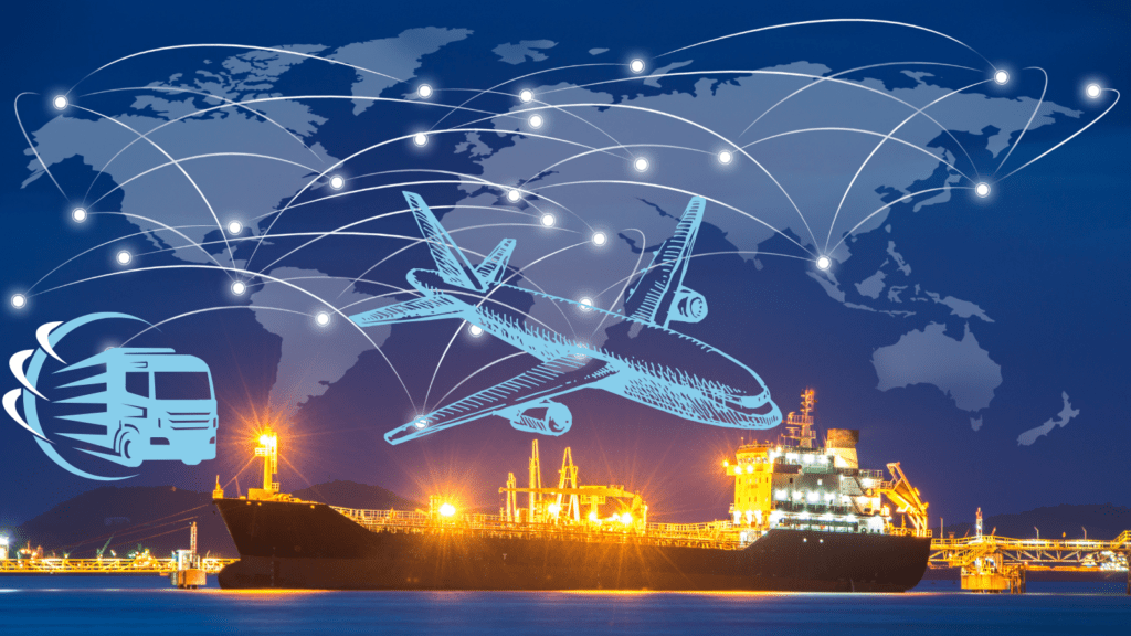 Intercontinental trade routes and business connections on a global map showing the power of globalization