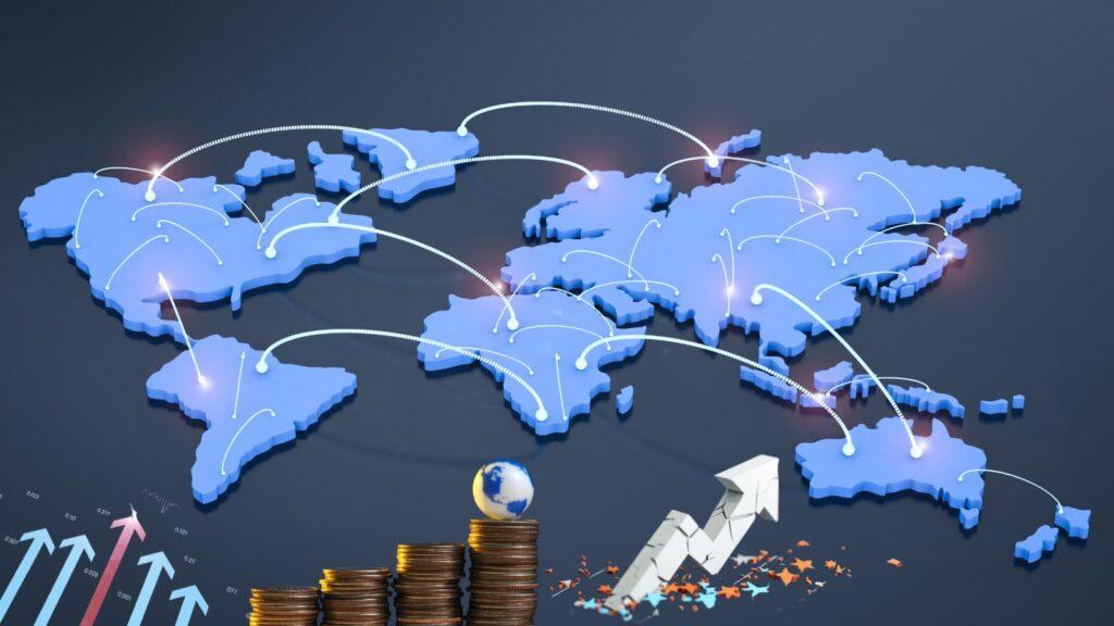 Map illustrating international business expansion routes into multiple global markets