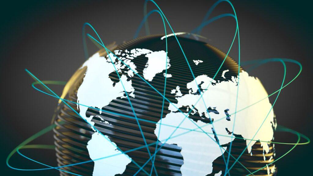 Globe with expansion lines pointing toward various international markets, symbolizing global business growth opportunities