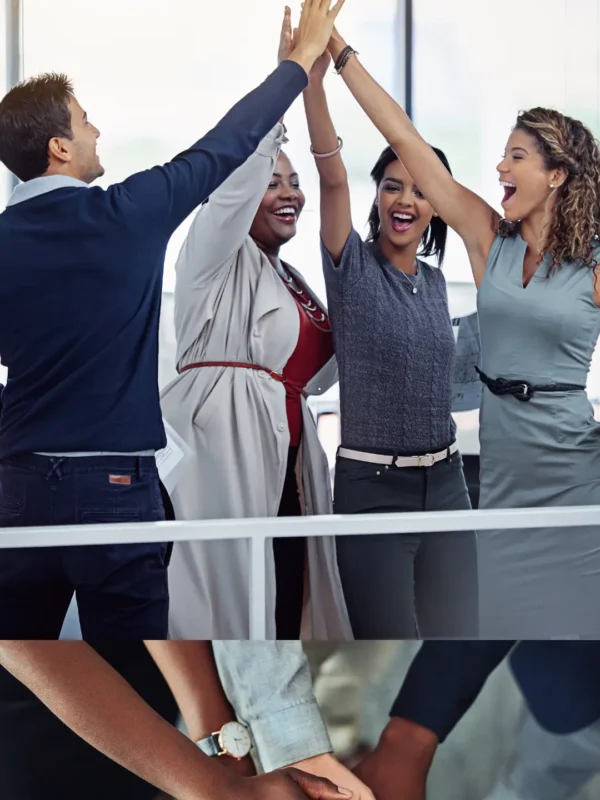 A diverse global team collaborating in a modern office, showcasing international expertise and seamless cross-border teamwork.