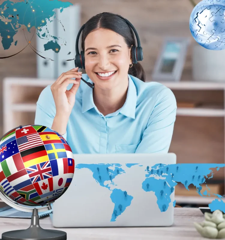 A multilingual customer support agent wearing a headset, assisting clients through a live chat platform, with speech bubbles in various languages, showcasing seamless global communication for excellent Multilingual Business Services