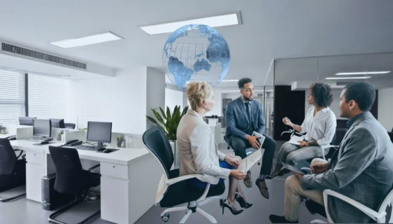 A dynamic group of professionals in a multicultural team analyzing market trends and opportunities, supported by global strategies, reflecting their role in driving successful market entries worldwide.