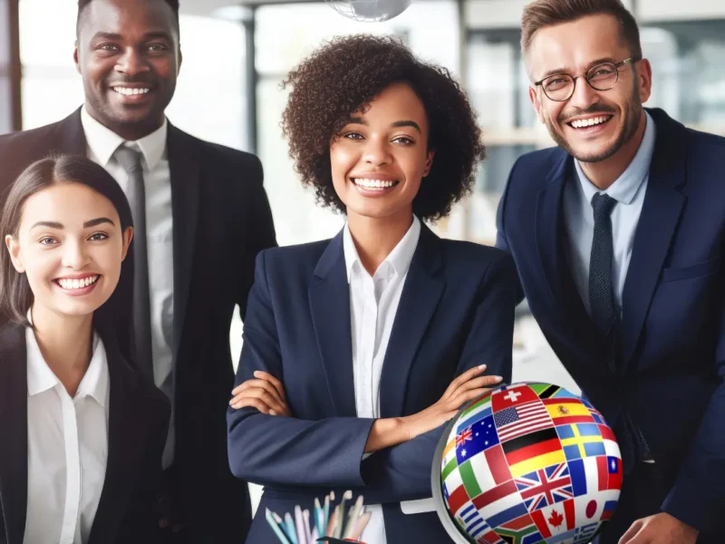 A professional multicultural team presenting a global strategy, showcasing cultural diversity and language expertise to drive multicultural services excellence.